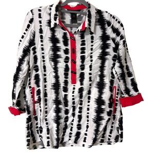 Ali Miles Womens Medium Tunic Top Black White Red Abstract Geometric 3/4 Sleeve